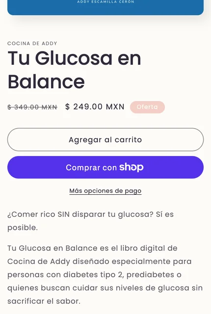 Ficha del recetario Tu Glucosa en Balance en la tienda Shopify de Cocina de Addy.