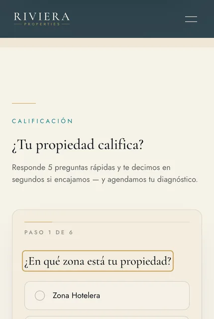 Primer paso del cuestionario de calificación de propiedades de Riviera Properties.