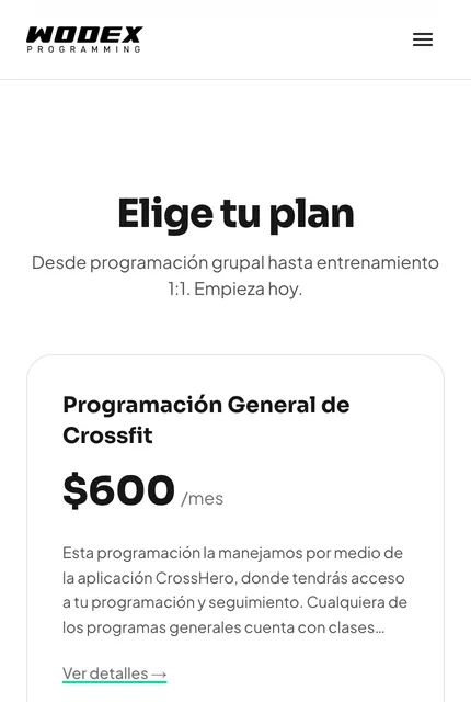 Sección de planes de Wodex con una opción de entrenamiento y sus características.